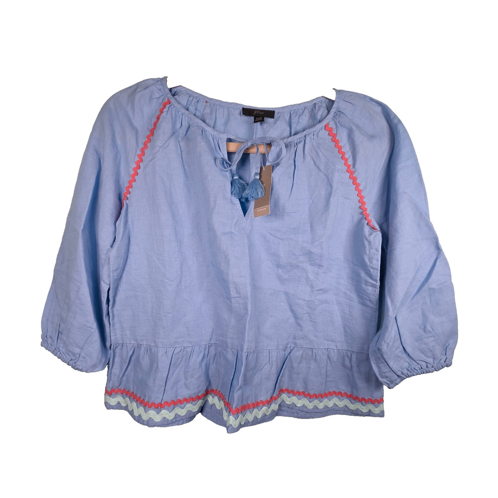 J Crew Swing RIckrack Trim Linen Blend Blue Top Womens Sz XXS Peasant Boho